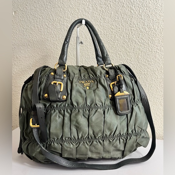 Prada Handbags - Prada Olive Green Quilted Nylon Tote with Gold Hardware